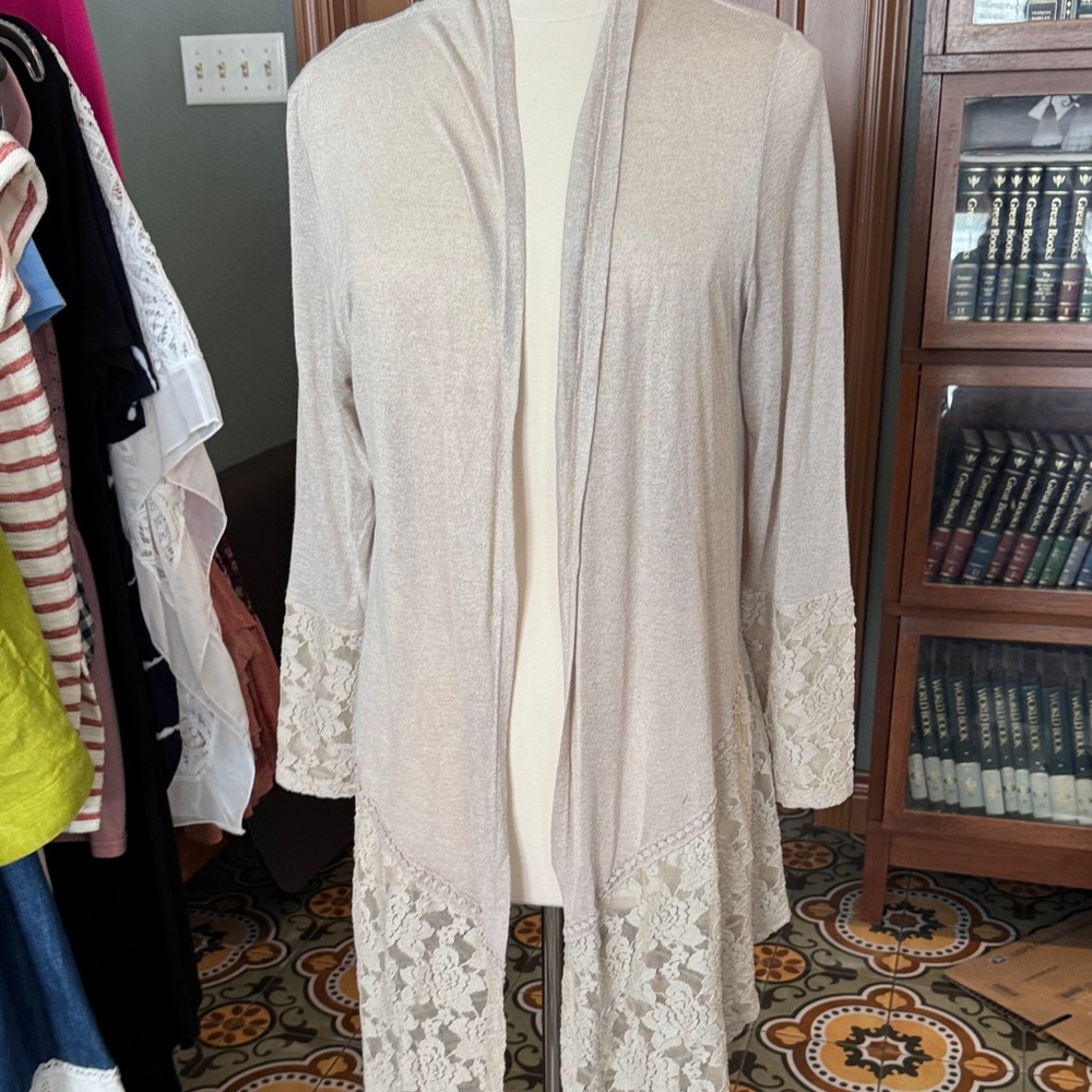 indigo soul Beige Lace Trim Open Cardigan